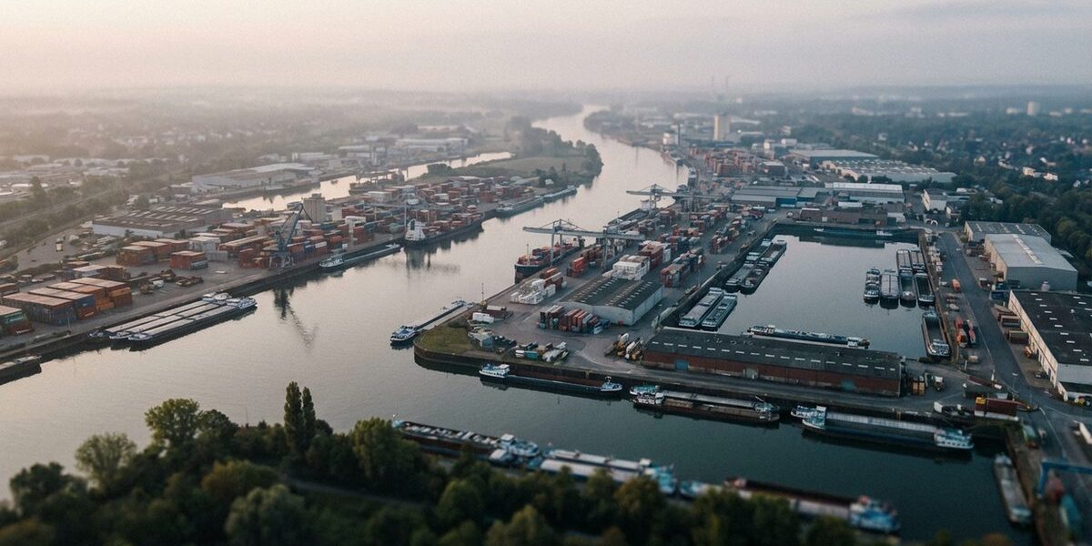 Aerial view of Duisburg inland port with cargo ships and containers at dawn