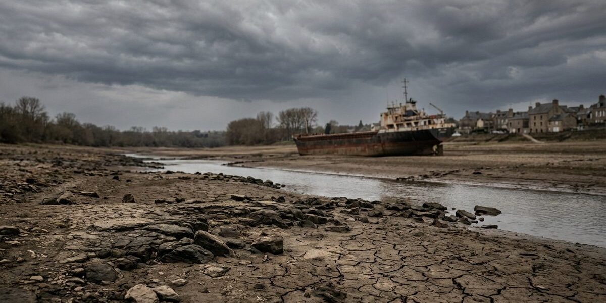 Rhein bei extremem Niedrigwasser mit freiliegendem trockenem Flussbett und festsitzendem Frachtschiff