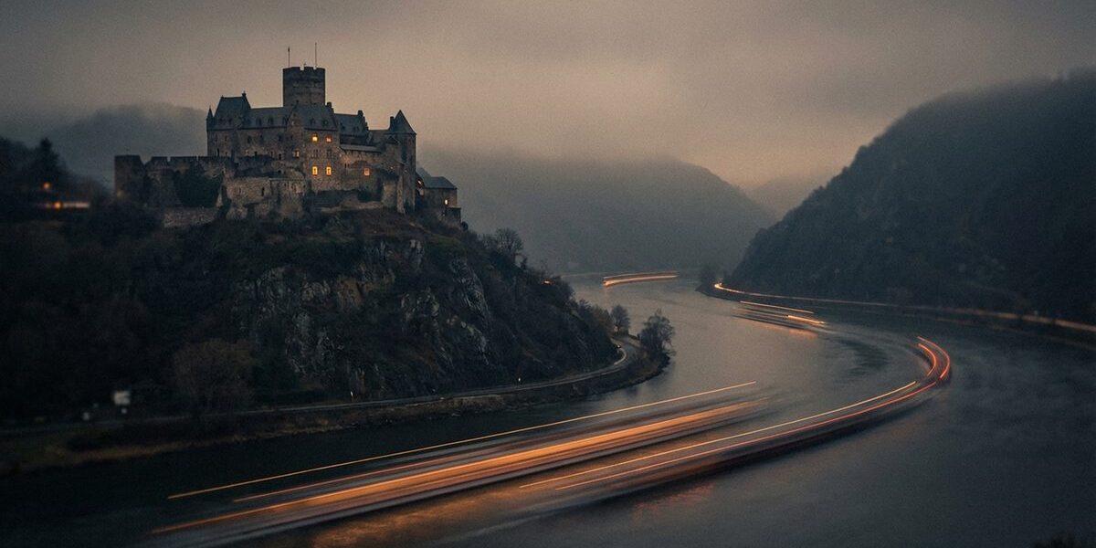 Die Marksburg auf einem Hügel über dem Rhein in der Abenddämmerung mit nebligem Tal