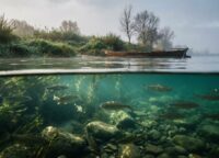 Split shot of the Rhine River showing fish underwater and green riverbank vegetation above
