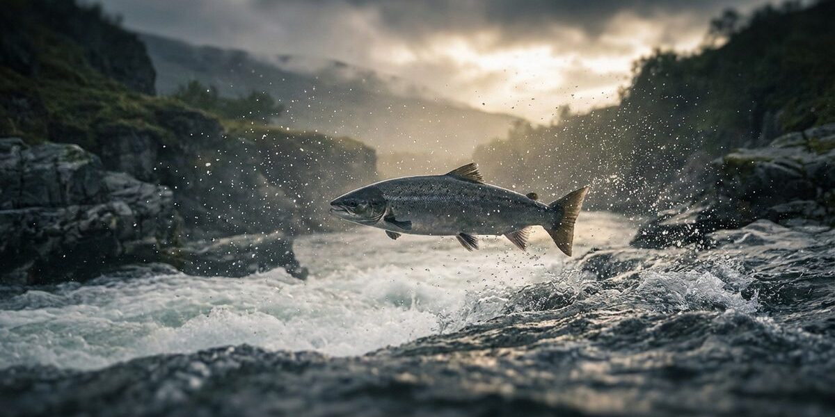 Atlantischer Lachs springt stromaufwärts durch Wildwasser-Stromschnellen im Rhein