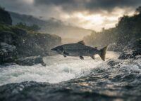 Atlantischer Lachs springt stromaufwärts durch Wildwasser-Stromschnellen im Rhein