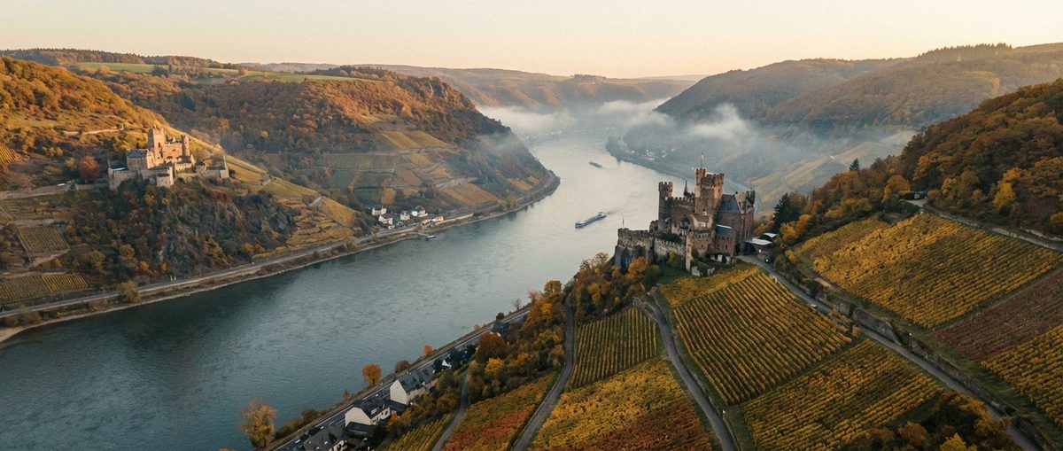 Aerial view of the Rhine River winding through the Rhine Gorge with medieval castles and vineyards