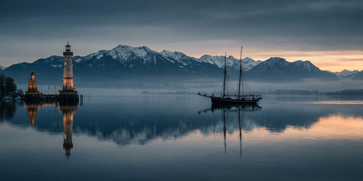 Panorama des Bodensees zur blauen Stunde mit Alpen im Hintergrund und dem Leuchtturm von Lindau