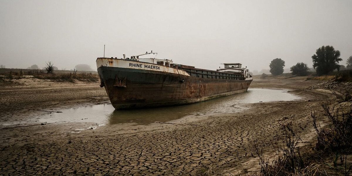 Frachtschiff auf freiliegendem Rheinbett während einer Dürreperiode gestrandet