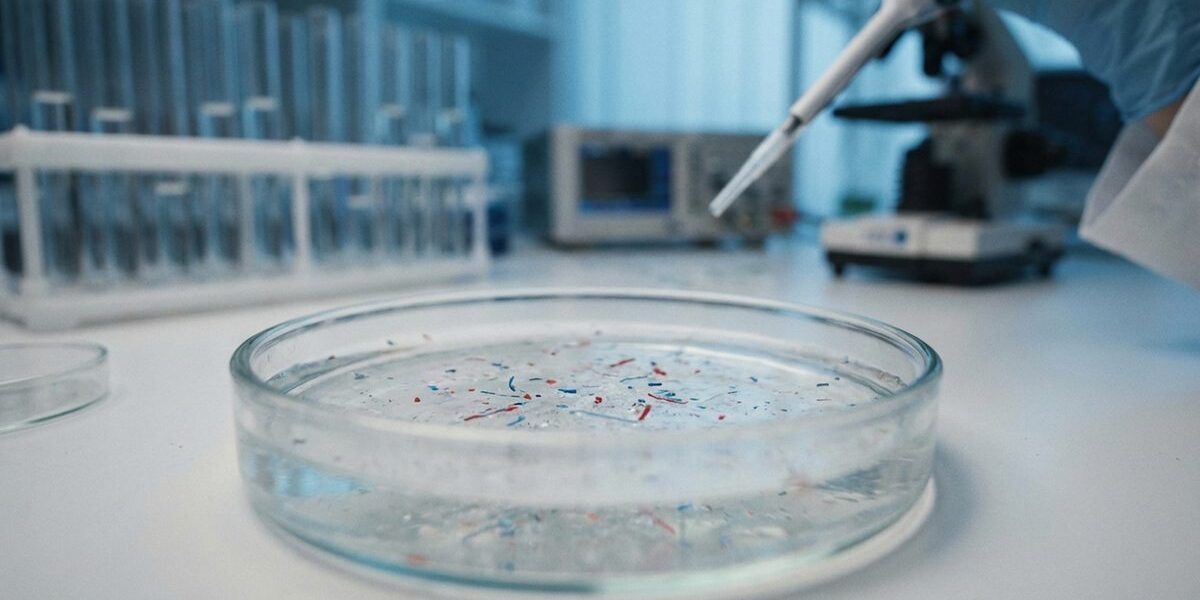 Macro photography of microplastic particles in a water sample in a laboratory setting