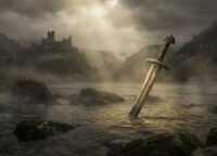 Ancient sword partially submerged in Rhine waters with dramatic lighting, Nibelungen legend