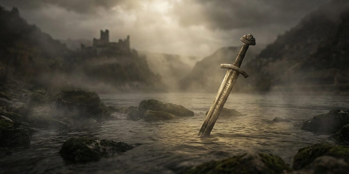 Altes Schwert teilweise im Rheinwasser versunken mit dramatischer Beleuchtung, Nibelungensage