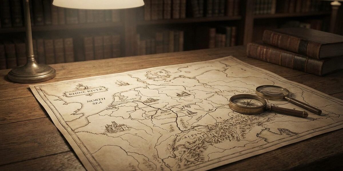Vintage hand-drawn map of the Rhine from the Alps to the North Sea with compass and magnifying glass