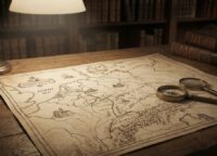 Vintage hand-drawn map of the Rhine from the Alps to the North Sea with compass and magnifying glass