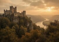Romantic painting-style view of Rhine castle ruins at sunset in the style of William Turner