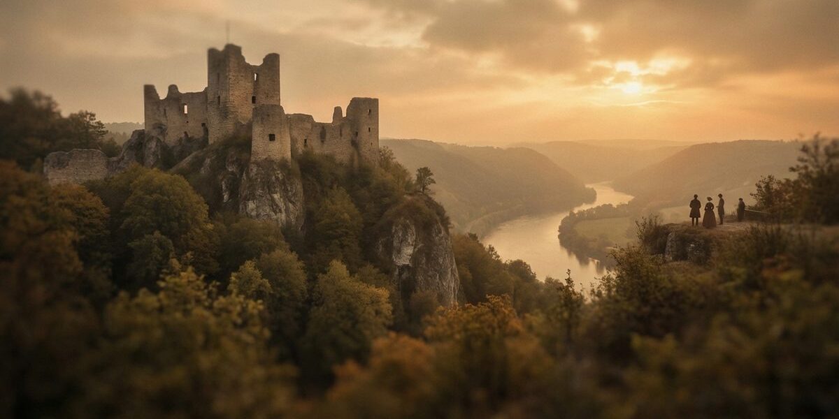 Romantische Ansicht von Rhein-Burgruinen bei Sonnenuntergang im Stil von William Turner