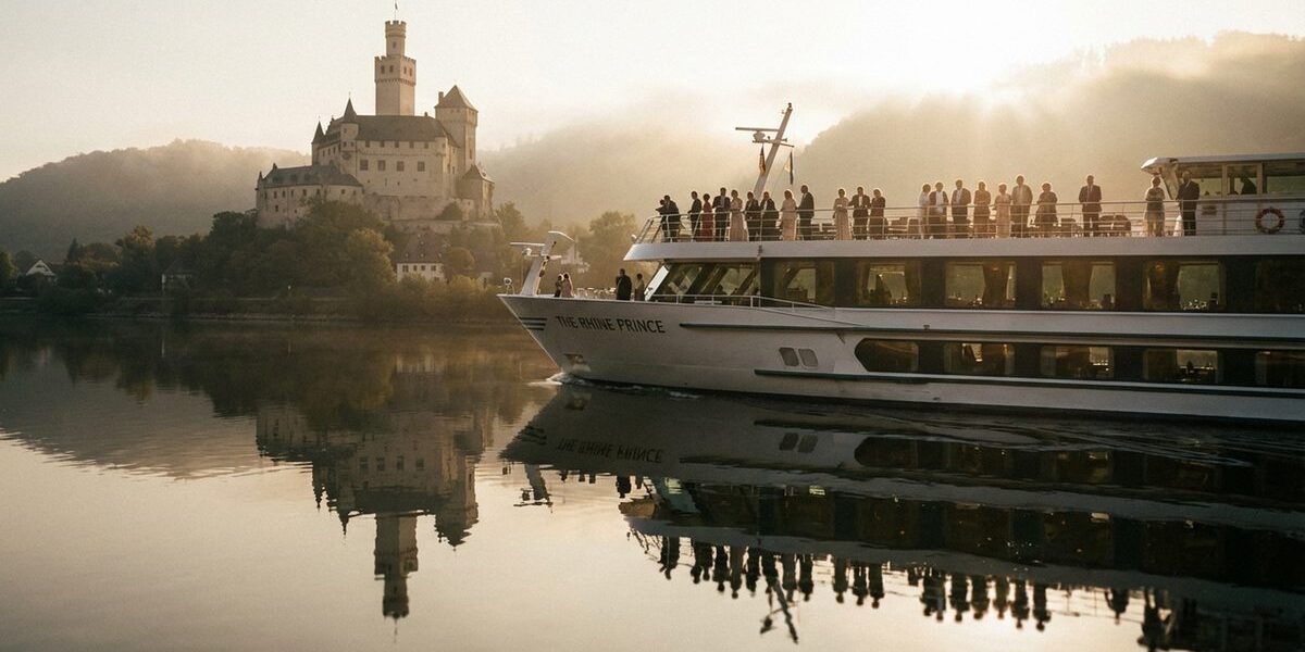 Elegantes Flusskreuzfahrtschiff passiert die Marksburg am Rhein zur goldenen Stunde