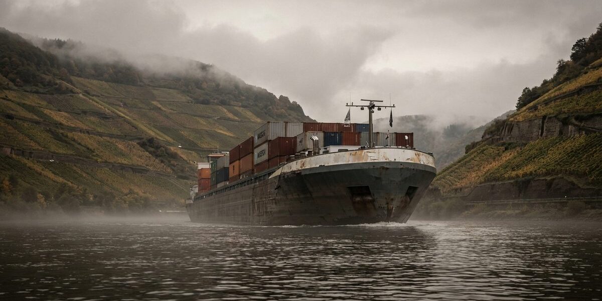 Rhine cargo ship passing through the narrow Rhine Gorge loaded with containers