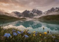 Der Tomasee in den Schweizer Alpen bei Sonnenaufgang, die Quelle des Rheins