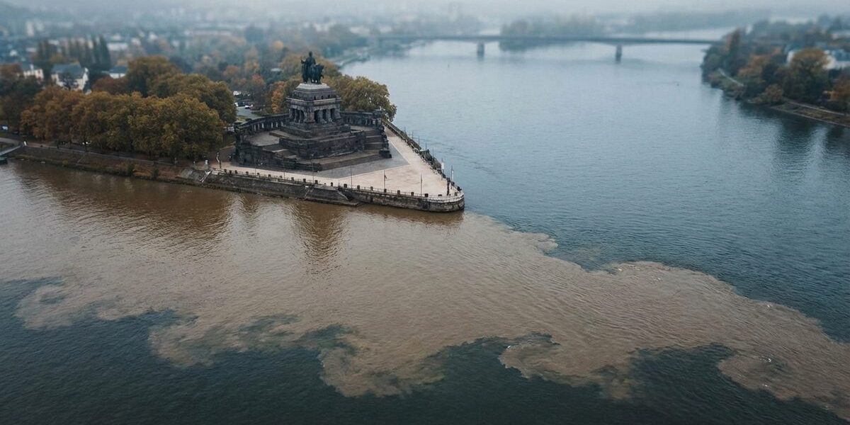 Aerial view of the Moselle meeting the Rhine at Deutsches Eck in Koblenz