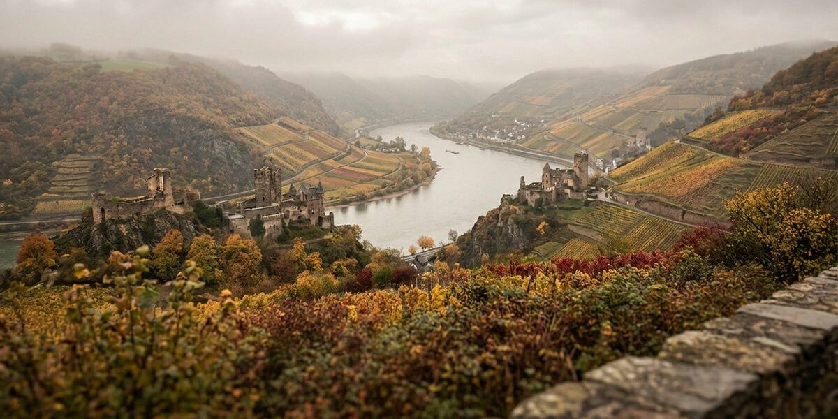Panorama des Oberen Mittelrheintals mit Burgen an beiden Ufern und Weinbergterrassen