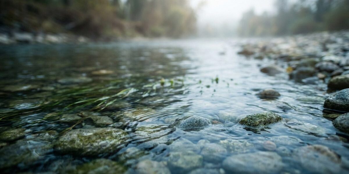 Kristallklares Rheinwasser fließt über abgerundete Kiesel mit Wasserpflanzen